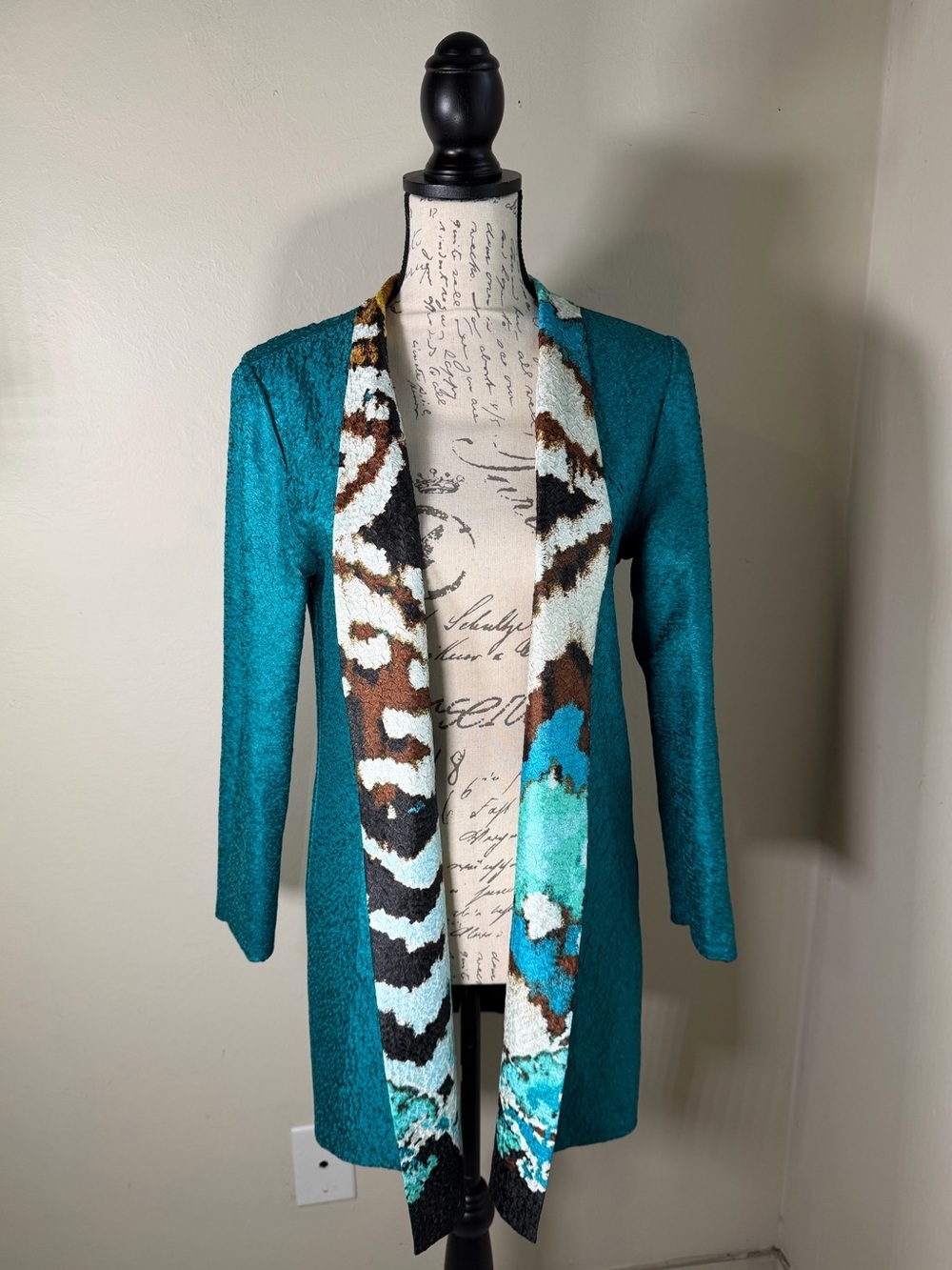 Teal Open-Front Blazer with Patterned Trim